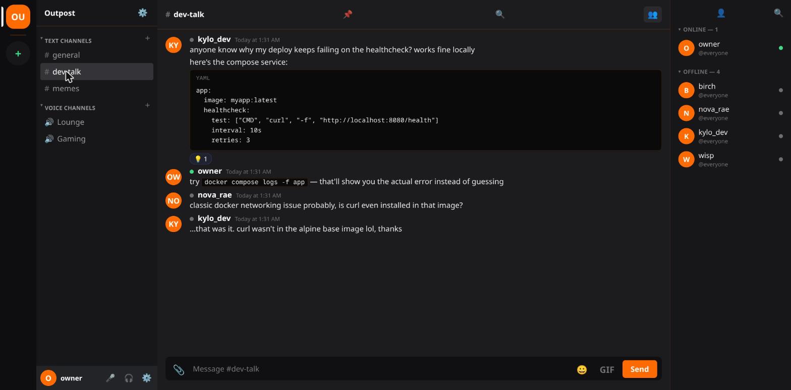 A screenshot of Outpost showing a text channel with a rendered markdown code block, inline code, an emoji reaction, and the member list.