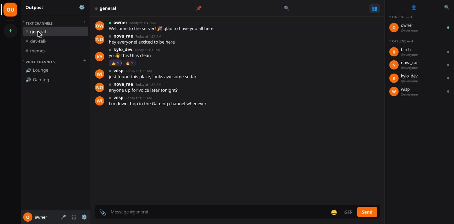 A screenshot of Outpost's general channel showing a welcoming conversation between several members with emoji reactions.