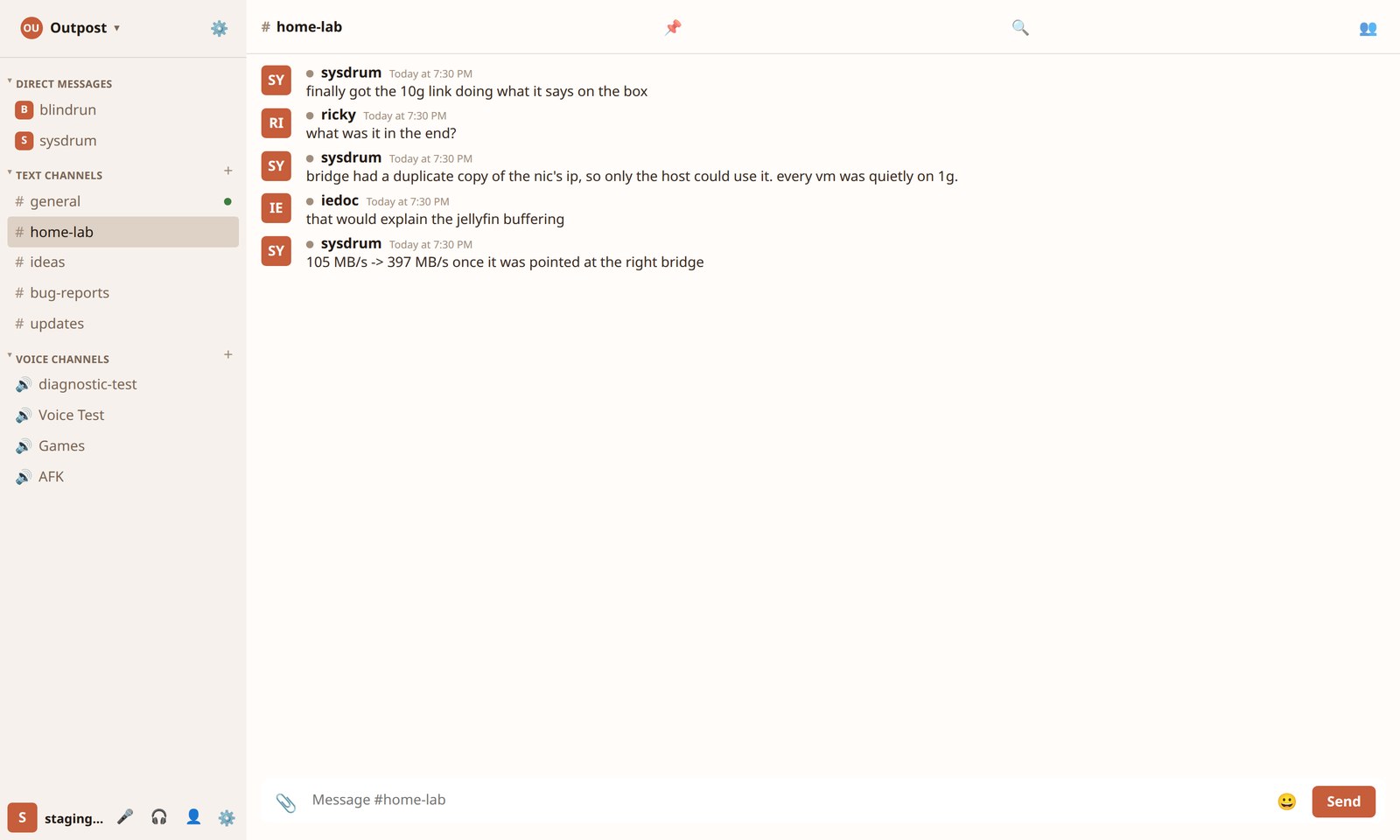 The same Outpost channel in the Daylight light theme, with warm off-white backgrounds and square member avatars.
