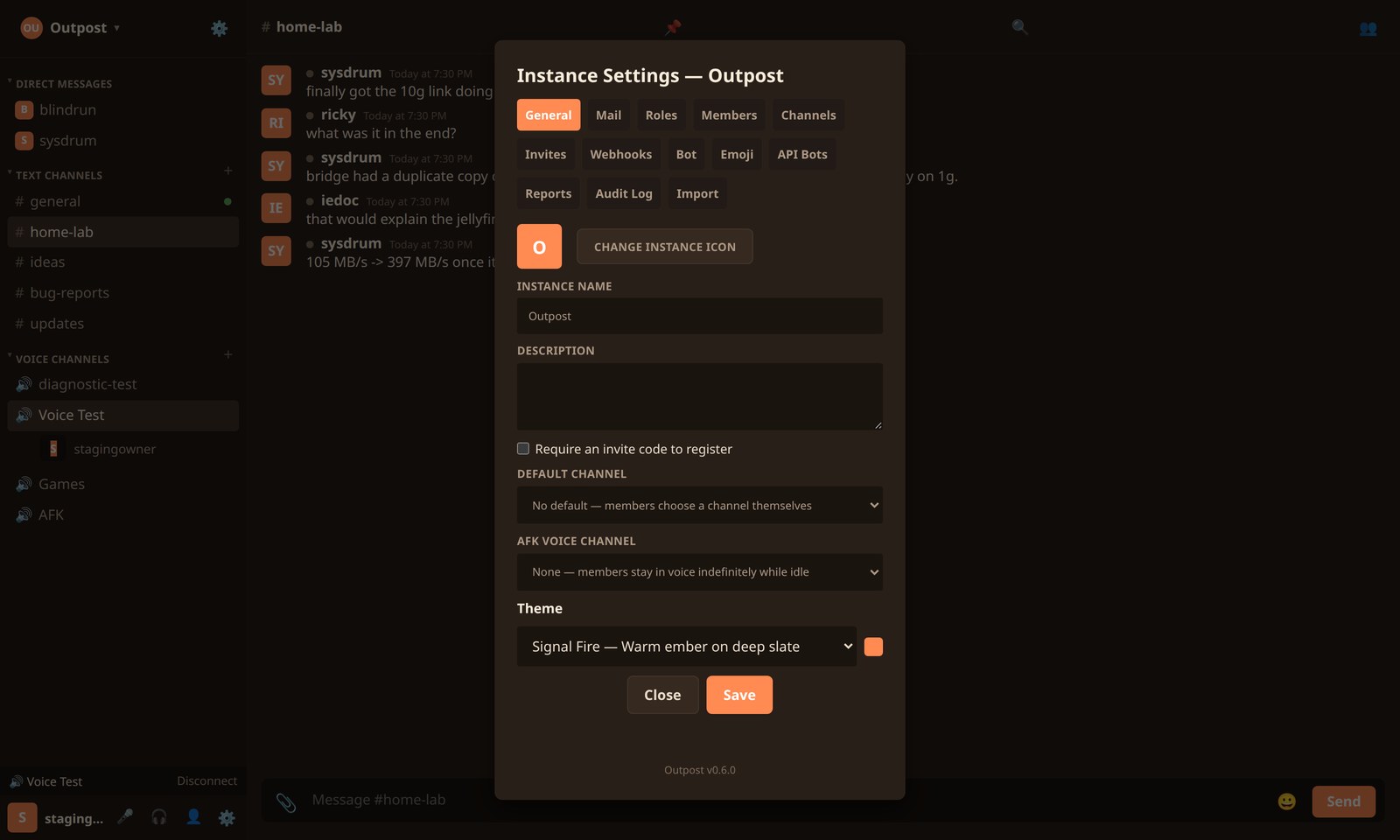 Outpost instance settings showing tabs for general, mail, roles, members, channels, invites, webhooks, bots, emoji, API bots, reports and the audit log.