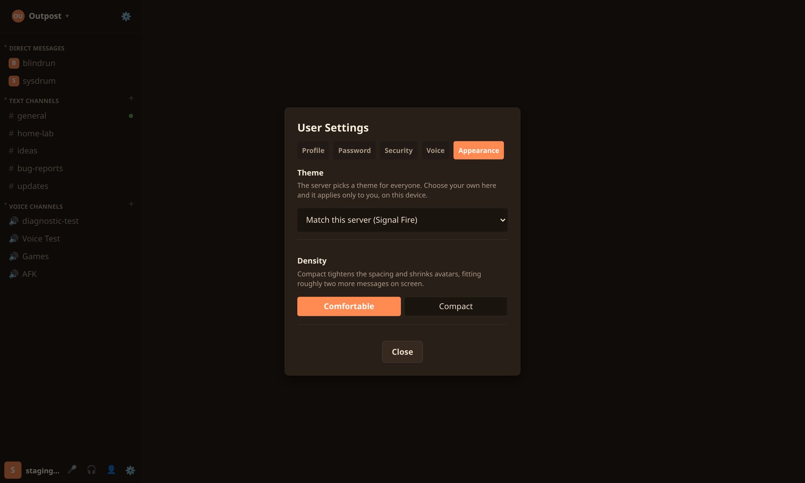 Outpost user settings on the Appearance tab, with a theme picker set to match the server and a comfortable or compact density choice.