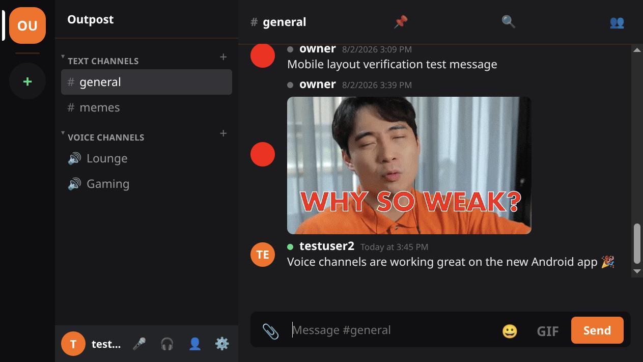 The Outpost app showing a text channel with a couple of messages, one containing an image attachment, and a message composer at the bottom.