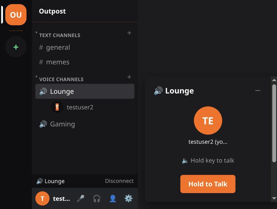 The Outpost voice channel details panel, showing a connected member and a large orange Hold to Talk button for push-to-talk.
