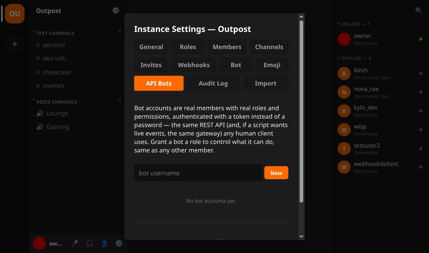 The Outpost API Bots settings tab with no bot accounts created yet, showing a username field and New button.
