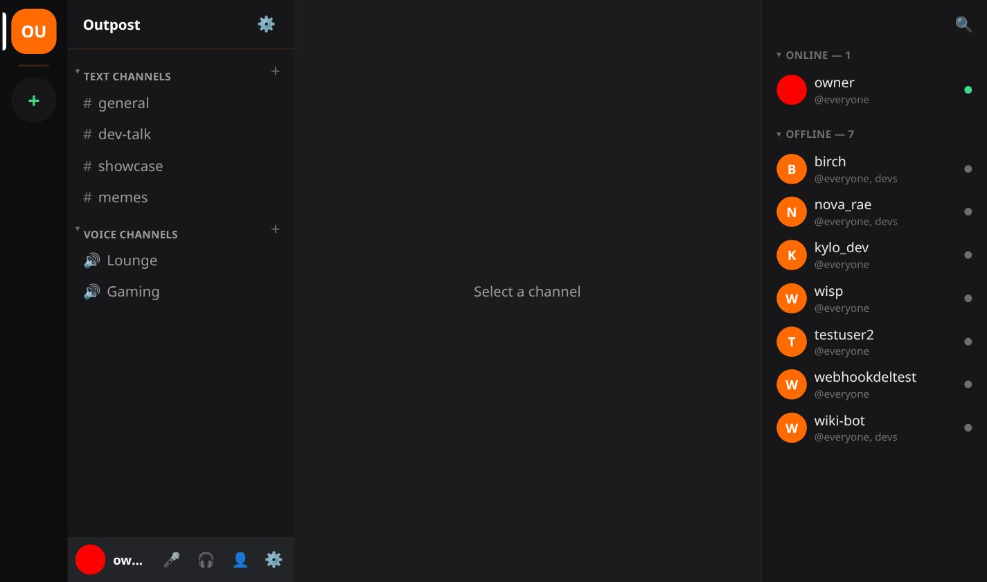 The Outpost member sidebar showing wiki-bot listed with the everyone and devs roles.