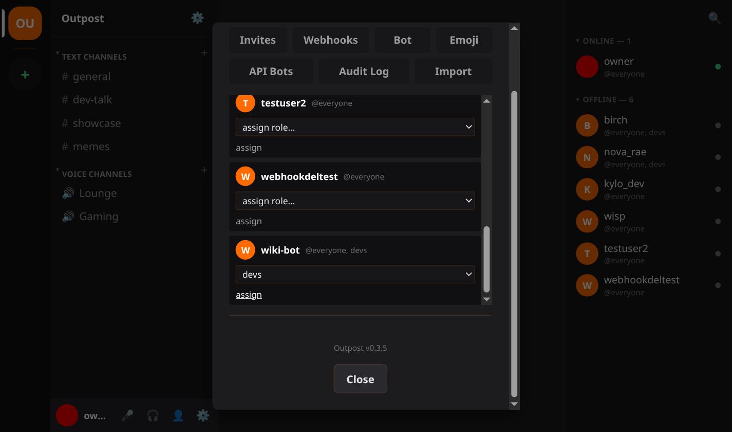 The Outpost API Bots tab showing a created bot account named wiki-bot with revoke and delete actions available.