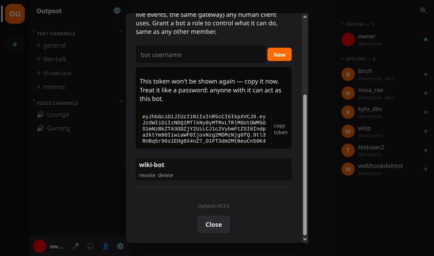The Outpost one-time bot token reveal screen, showing a warning that the token won't be shown again and a copy-token button.