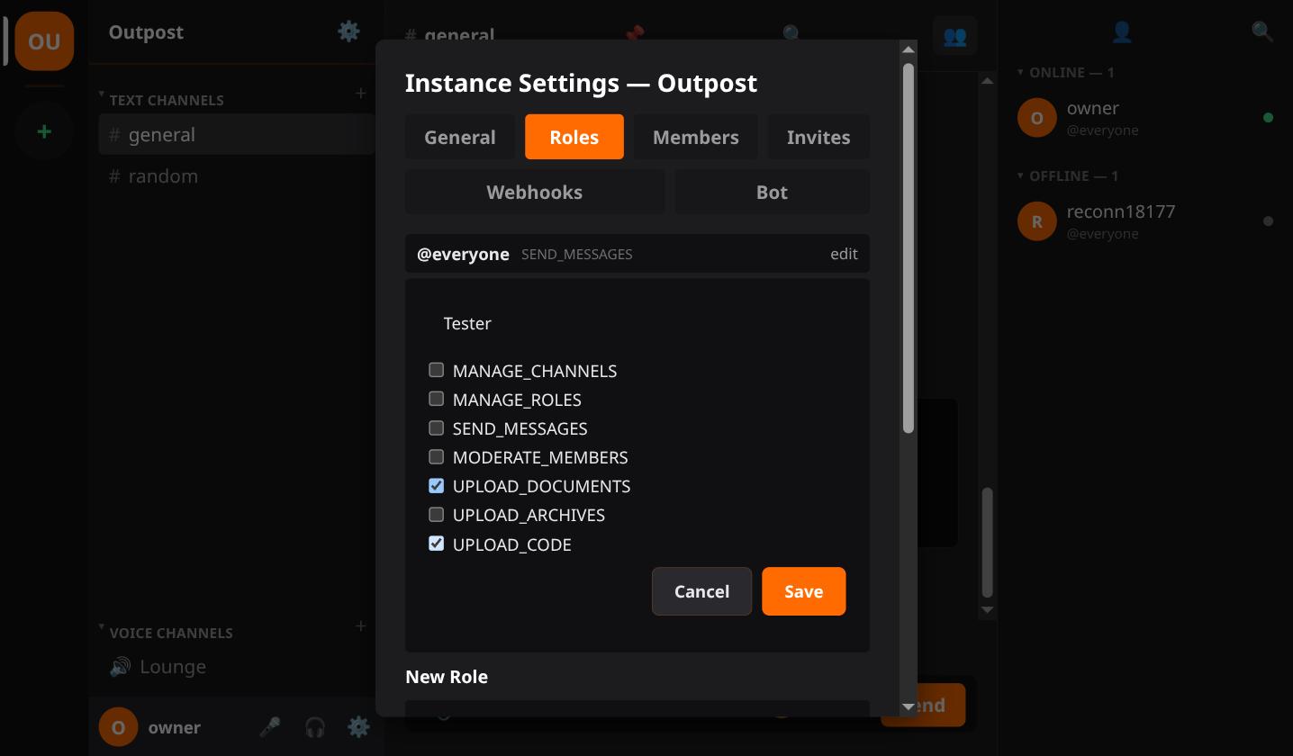 The Outpost role editor showing a role's permission checkboxes, including Upload Documents and Upload Code checked.